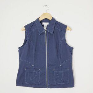 Weekend Zone Navy Blue Collar Sleeveless Cotton Pockets Zip Up Vest Outerwear M